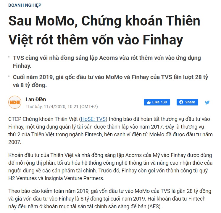 Chứng khoán Thiên Việt rót thêm vốn vào Finhay