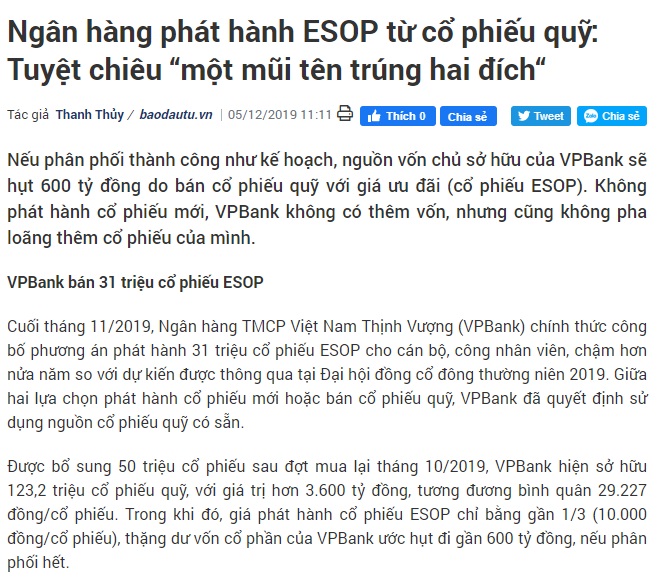 VPBank thường mua cổ phiếu quỹ giá cao và bán lại giá thấp cho lãnh đạo, nhân viên