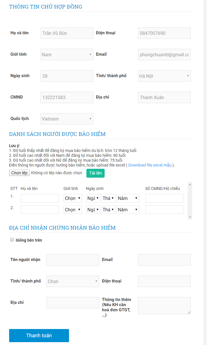 Điền đầy đủ thông tin theo hướng dẫn của website