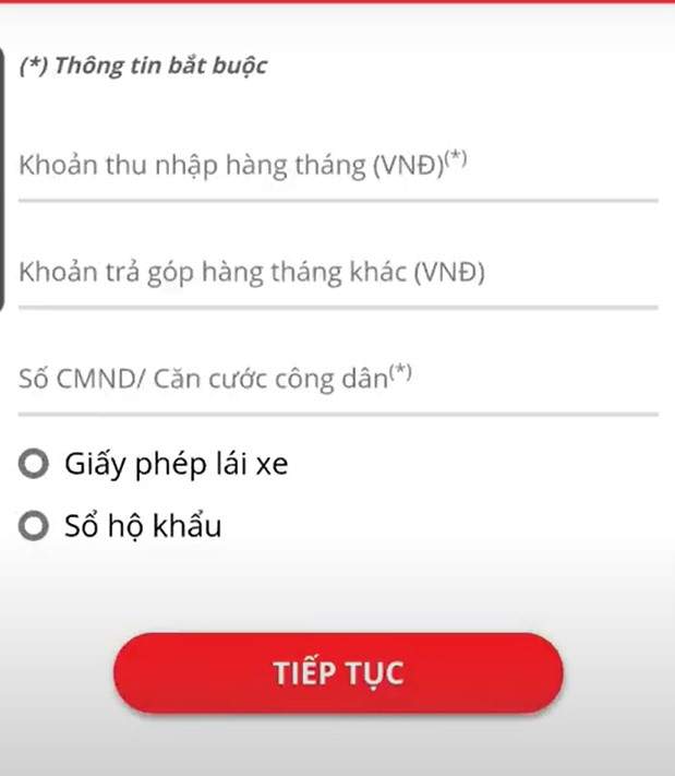 Điền thông tin thu nhập
