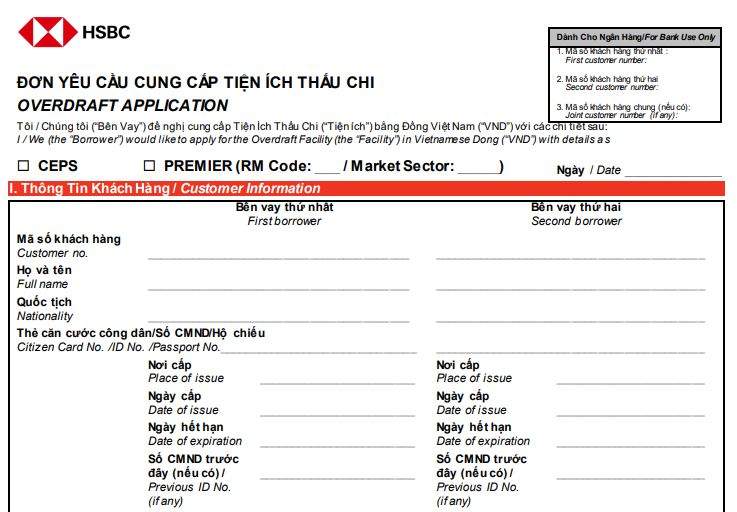 Đơn yêu cầu cung cấp tiện ích thấu chi HSBC
