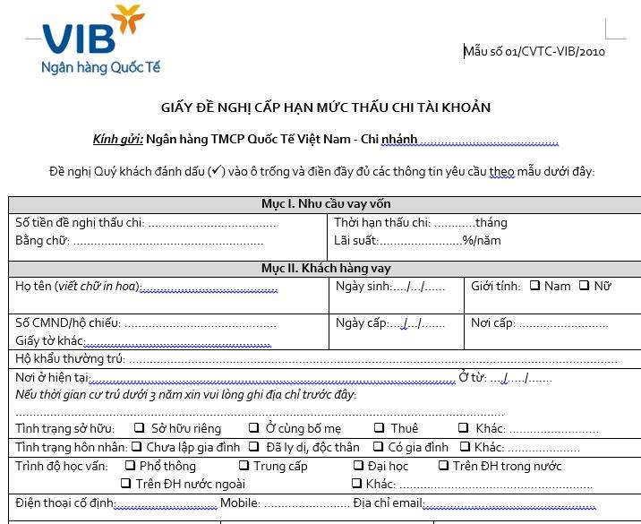 Giấy đề nghị cấp hạn mức thấu chi VIB