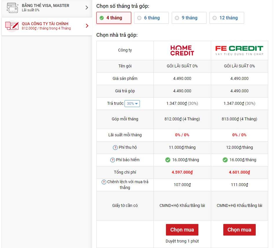 Chọn kỳ hạn trả góp