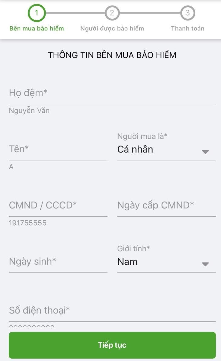 Điền thông tin của bên mua bảo hiểm