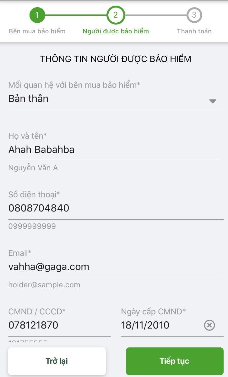 Điền thông tin của người được bảo hiểm