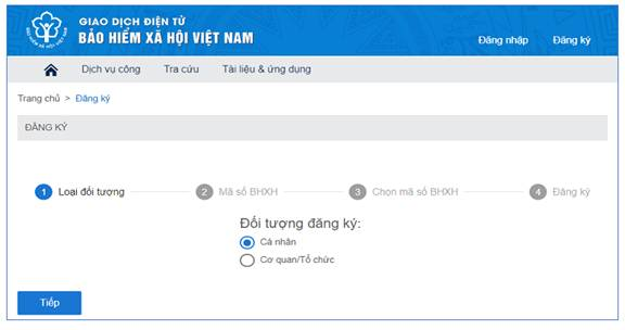 Chọn đối tượng đăng ký cá nhân