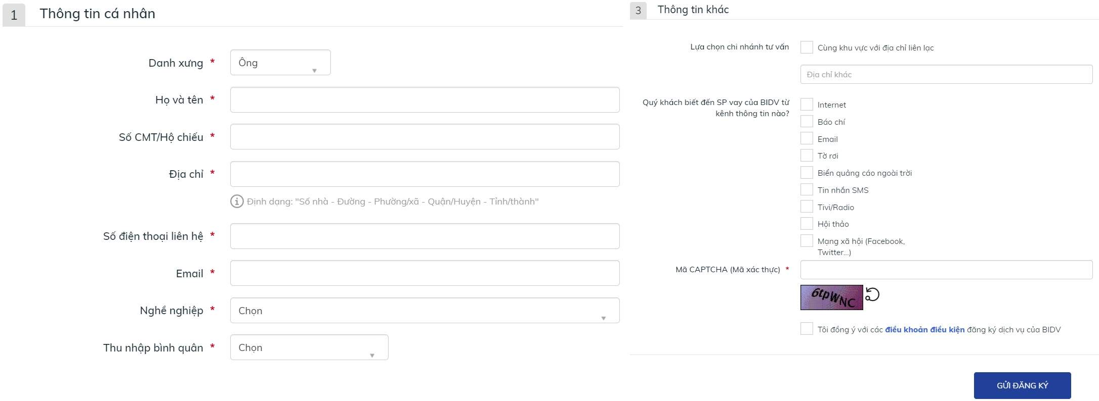 Gửi đăng ký vay BIDV online