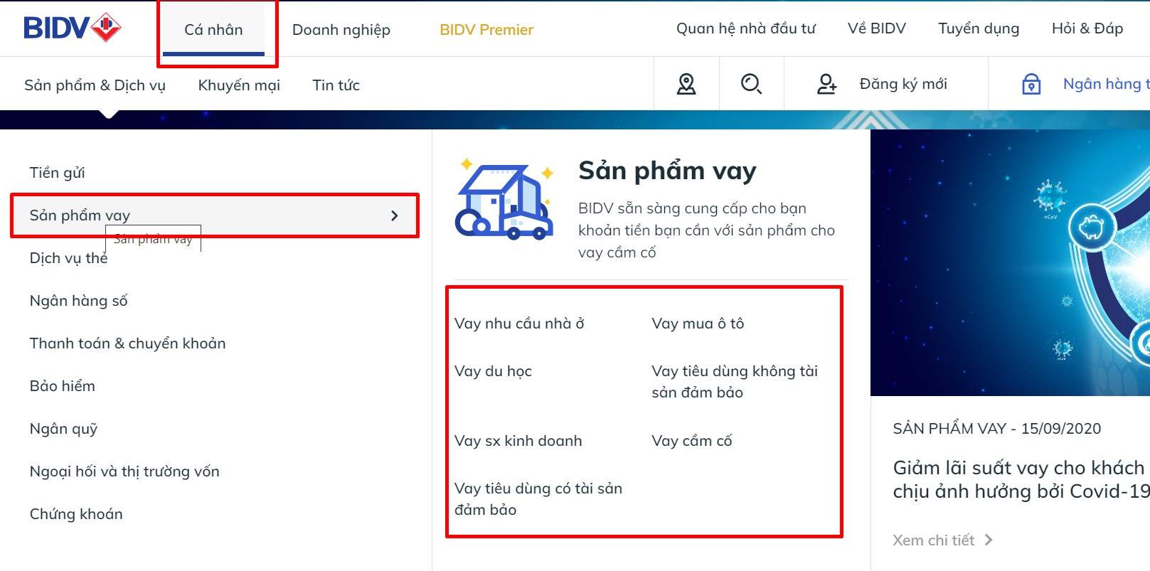 Truy cập vào website BIDV chọn mục vay tiền