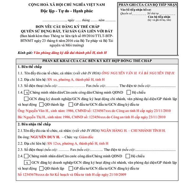 đơn đăng ký thế chấp qsdđ