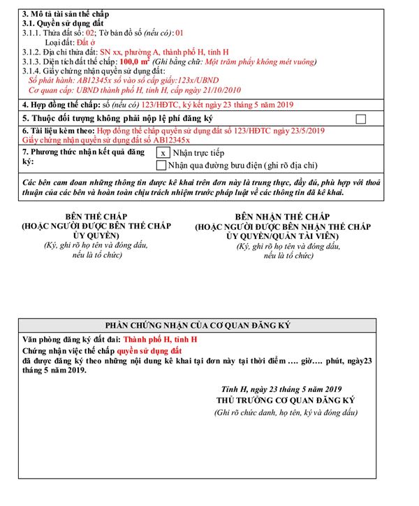 đơn đăng ký thế chấp quyền sử dụng đất