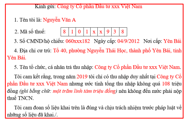 Mẫu cam kết thuế thu nhập cá nhân