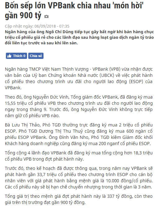 VPBank phát hành ESOP làm thiệt hại các cổ đông hiện hữu