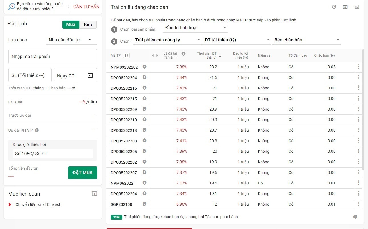 Bảng giá trái phiếu đang giao dịch tại TCBS