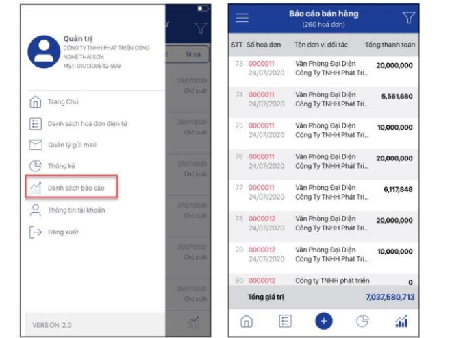 báo cáo bán hàng trên E-invoice