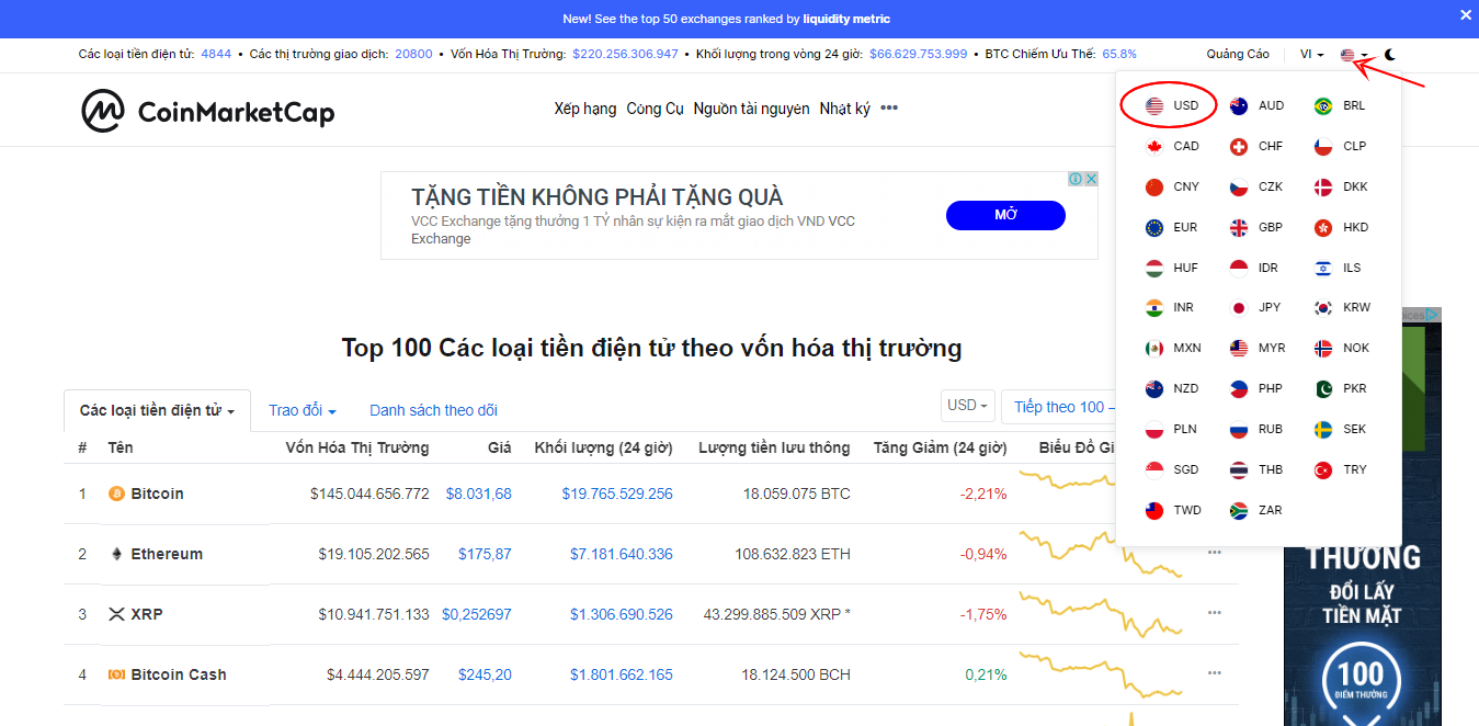 Chọn loại tiền tệ để xem tỷ giá tiền ảo 