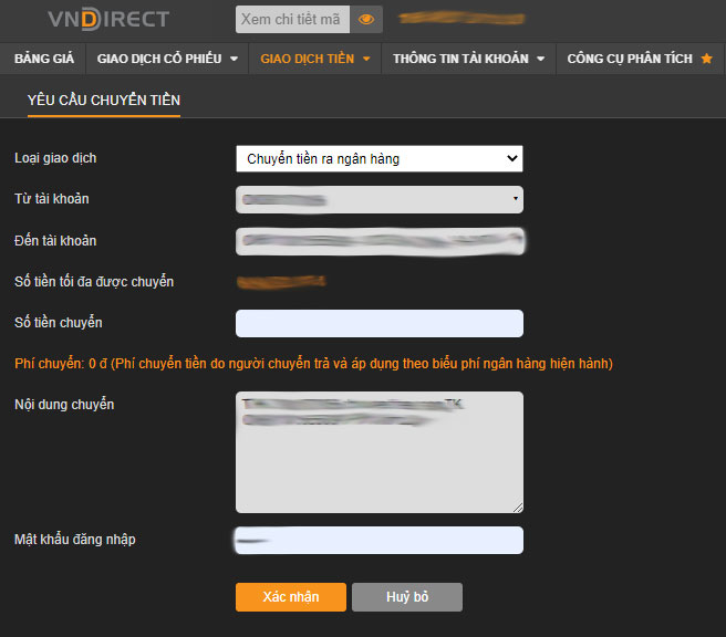 Thao tác chuyển tiền chứng khoán trực tuyến ở VNDirect