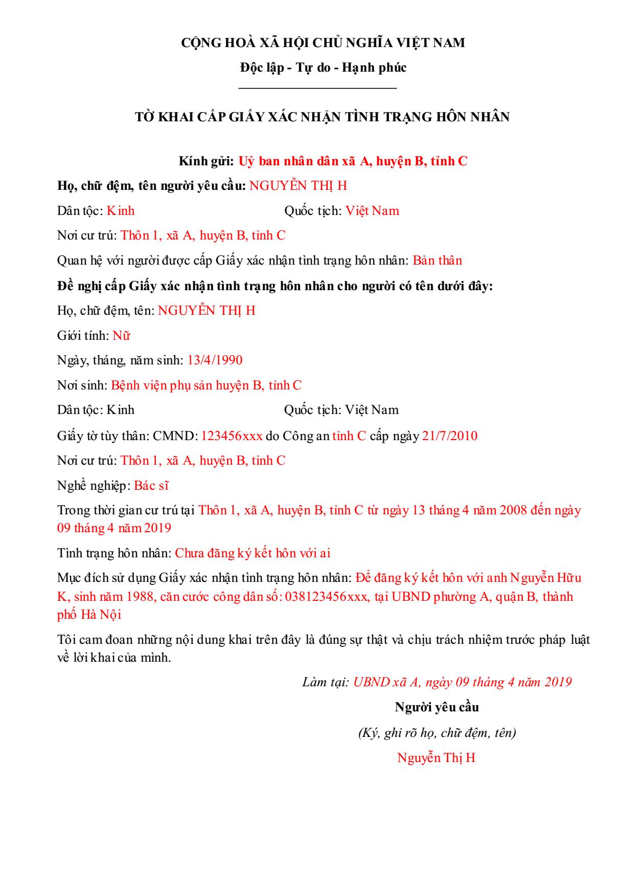 mẫu tờ khai cấp giấy xác nhận tình trạng hôn nhân