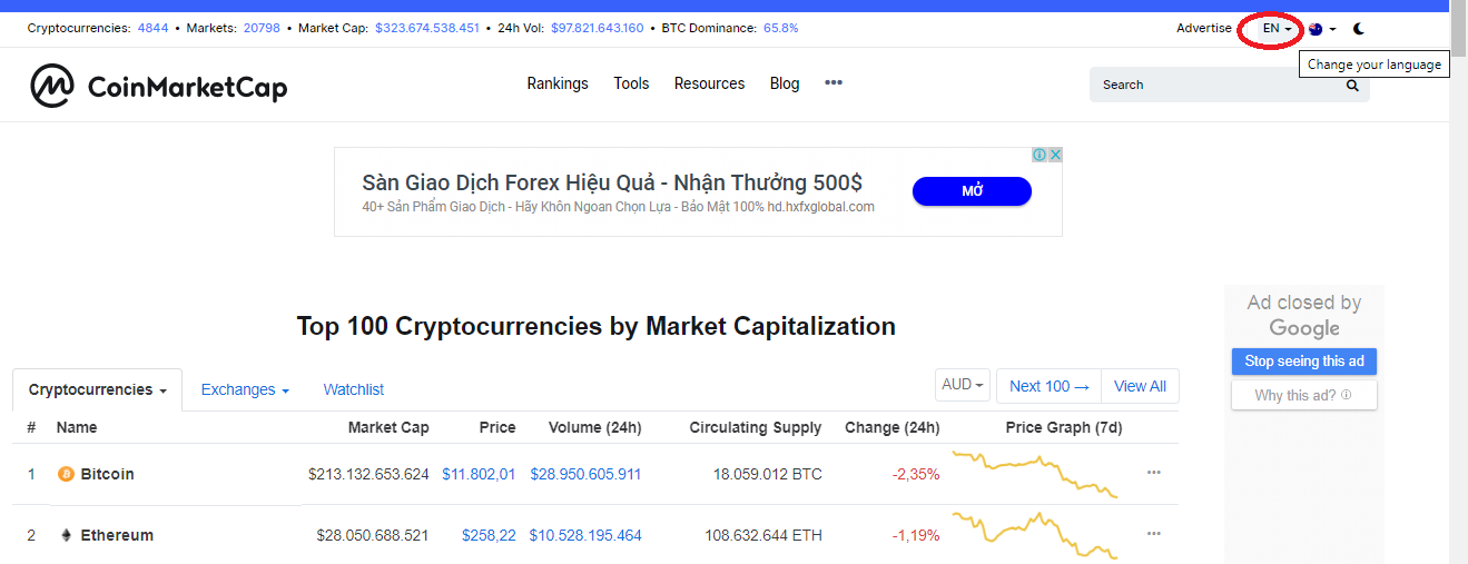 Giao diện trang chủ Coinmarketcap