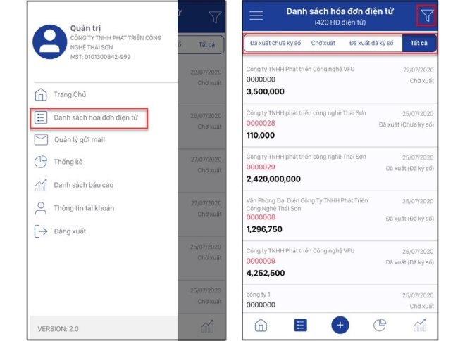 danh sách hóa đơn trên app E-invoice