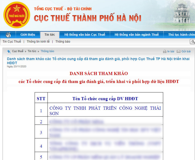 danh sách nhà cung cấp hóa đơn điện tử