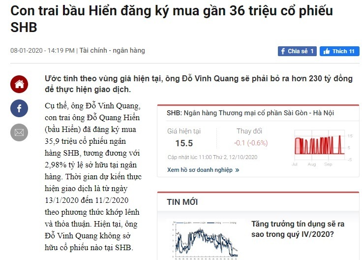 Nhiều người kiếm được tiền từ đầu cơ cổ phiếu SHB theo tin con trai bầu Hiển mua vào