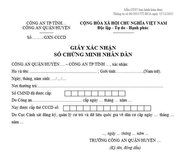 Giấy xác nhận số CMND cũ và mới