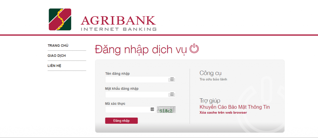 Giao diện Internet Banking Agribank