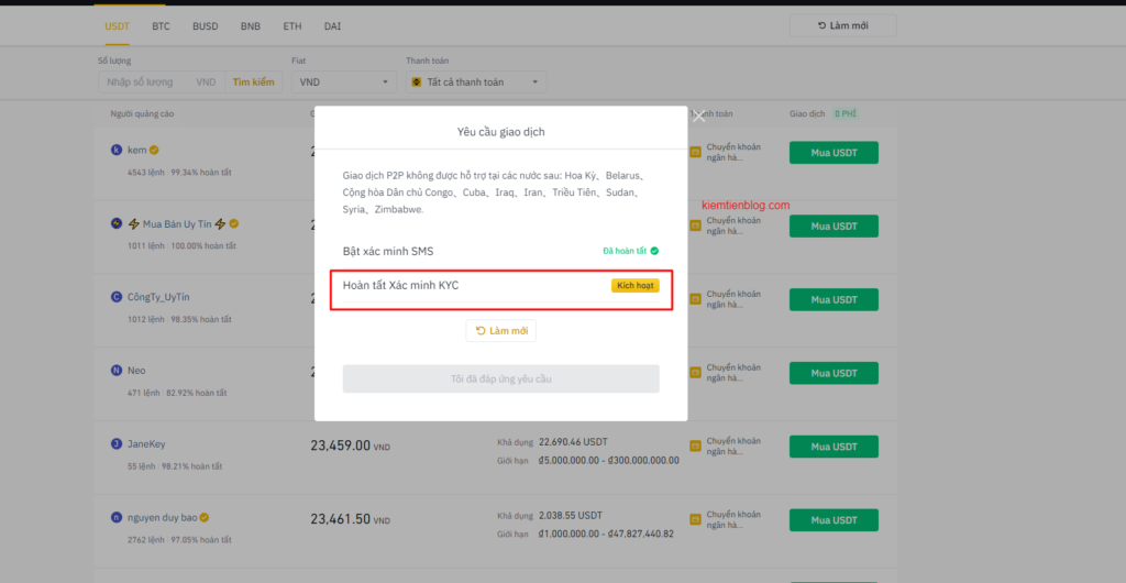 Phải KYC mới có thể giao dịch P2P trên Binance  [mua bán bitcoin, usdt uy tín]