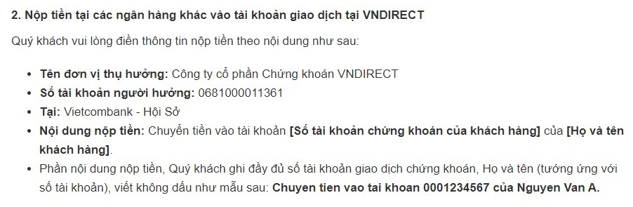 Hướng dẫn nộp tiền vào tài khoản chứng khoán của VNDirect