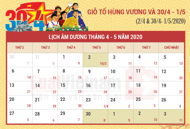 Lịch nghỉ ngày Giỗ tổ Hùng Vương, 30/4, 01/5 năm 2020