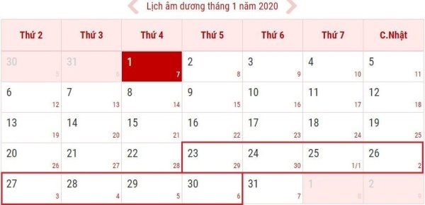 Lịch nghỉ tết 2020