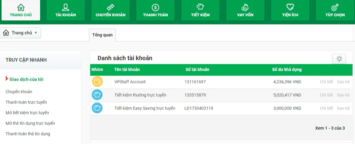 Giao diện Internet Banking VPBank