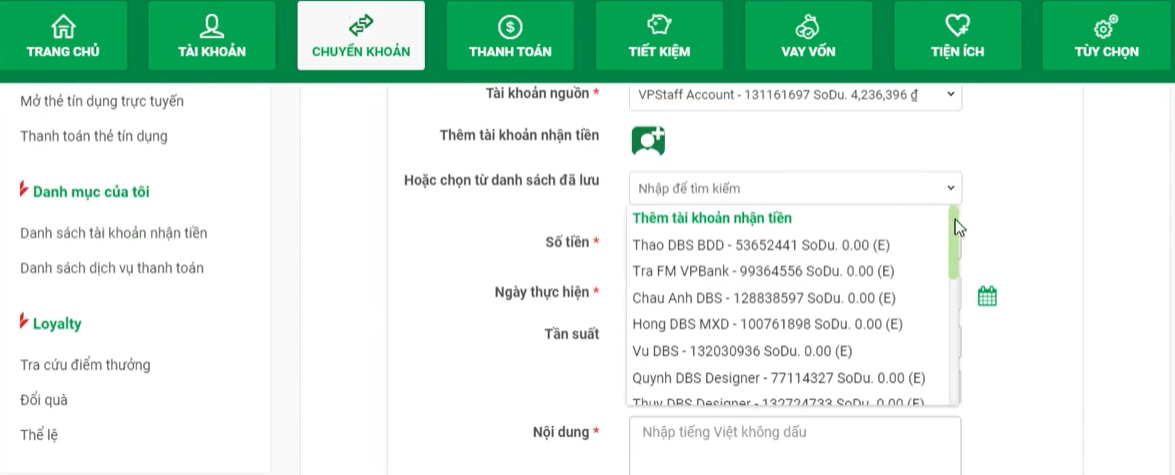 Bước 3 Chọn tài khoản tiết kiệm cần nạp thêm tiền