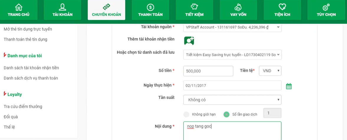 Bước 4 Điền nội dung chuyển khoản để hoàn thành giao dịch
