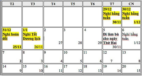 Lịch nghỉ Tết Dương lịch 2019 chính thức