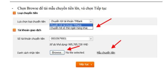 Cài đặt chuyển tiền theo danh sách 