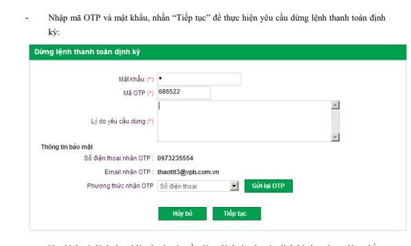 Nhập lý do yêu cầu dừng và mã OTP