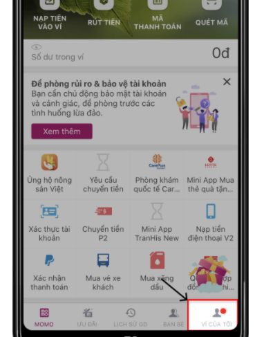 Chọn Ví của tôi để liên kết thẻ với momo