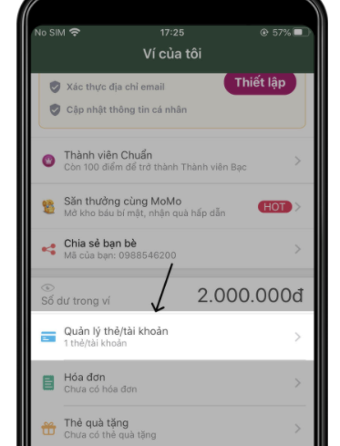 Vào mục quản lý thẻ/tài khoản