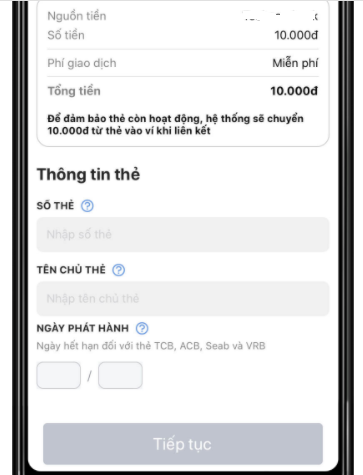 Nhập thông tin thẻ liên kết