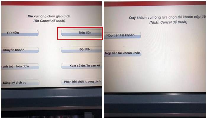 Chọn nộp tiền và nộp tiền vào tài khoản 