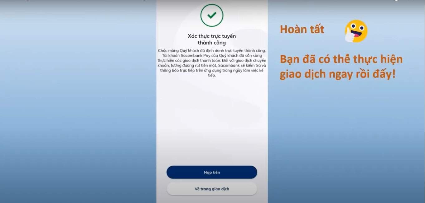 Màn hình thông báo xác thực thành công