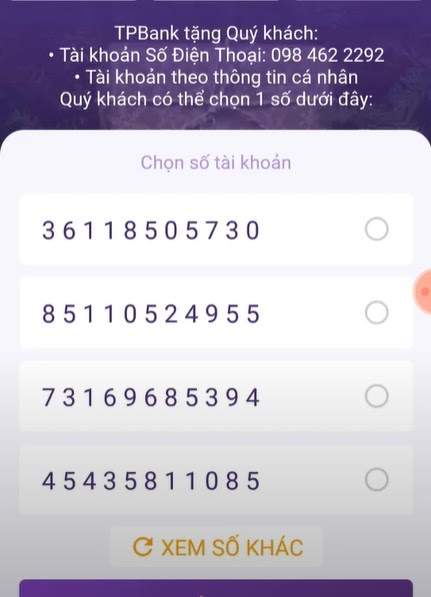 Chọn số tài khoản