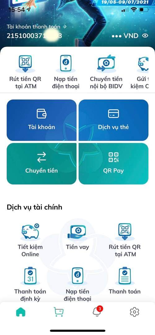 Chọn mục tài khoản để kiểm tra lịch sử giao dịch 