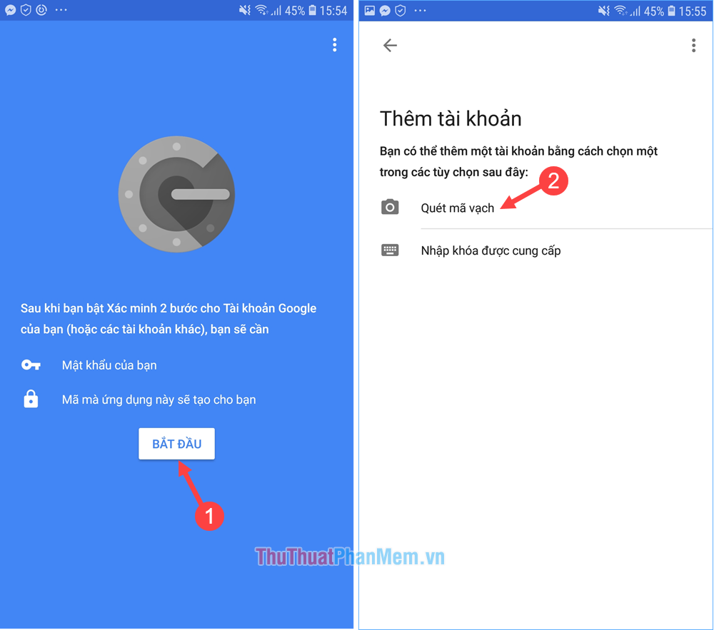 Thêm tài khoản Google bằng cách chọn mục Quét mã vạch