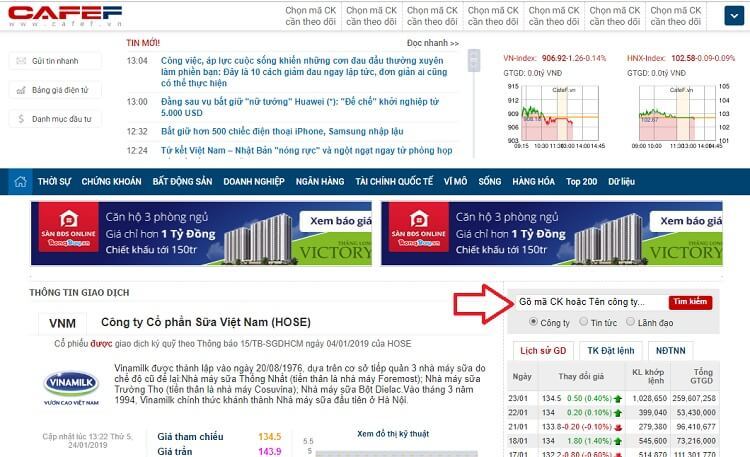 Điền mã trên Cafef để tra thông tin cổ phiếu