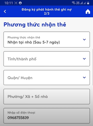 Điền địa chỉ nhận thẻ