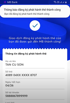Đăng ký phát hành thẻ thành công