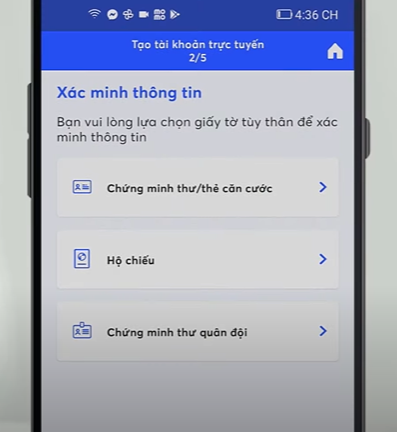 Chọn giấy tờ tùy thân để xác minh