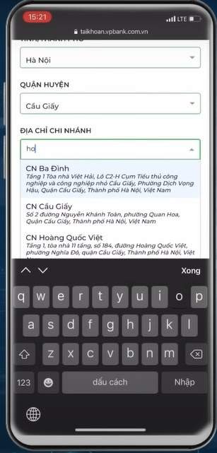 Chọn chi nhánh giao dịch